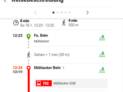 VPE-Fahrgastinformation unter mobi.vpe.de zu einem um 5 Minuten verspäteten Bus am Sonntag, 18.01.2026 an der Haltestelle Behr