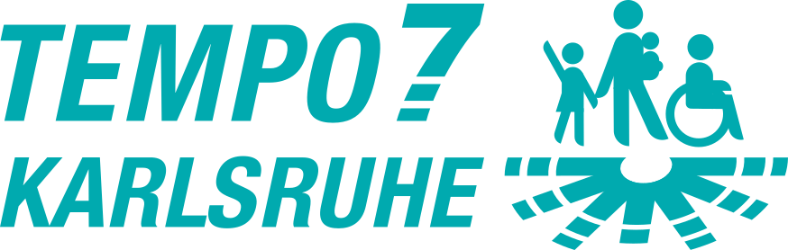 Logo der Karlsruher VCD-Arbeitsgruppe Tempo7 für den Fußverkehr, das einen symbolischen Fächergrundriss zeigt zusammen mit Piktogrammen eines Kindes, einer Person mit Kind auf dem Arm und einem Rollstuhlfahrer.
