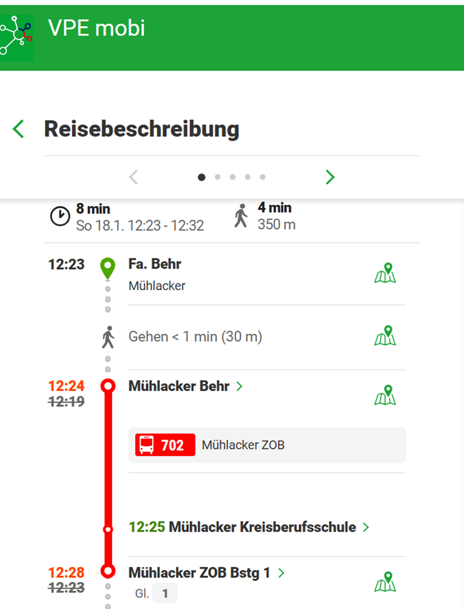 VPE-Fahrgastinformation unter mobi.vpe.de zu einem um 5 Minuten verspäteten Bus am Sonntag, 18.01.2026 an der Haltestelle Behr