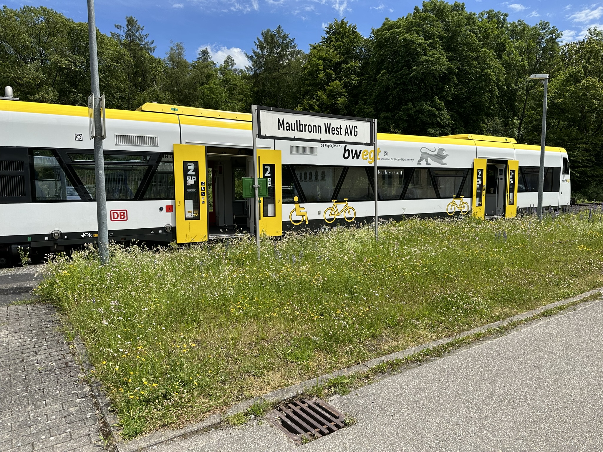 Ein moderner Nahverkehrszug der Deutschen Bahn steht mit offenen Türen am Bahnsteig hinter einem Schild mit der Aufschrift Maulbronn West AVG